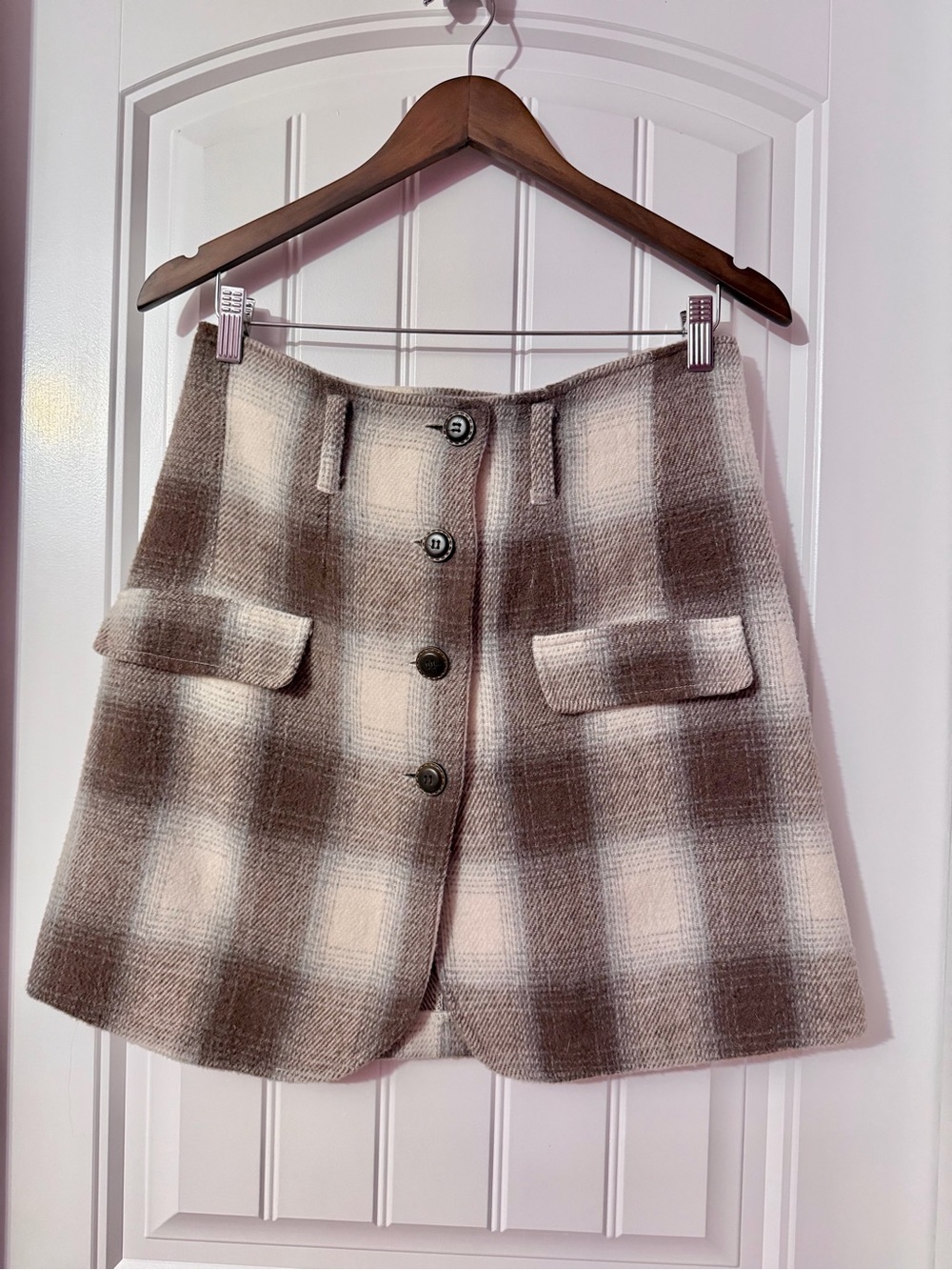 Vintage 90s Wool Blend Brown Plaid Button Front Skirt Size 10 Fall Skirt